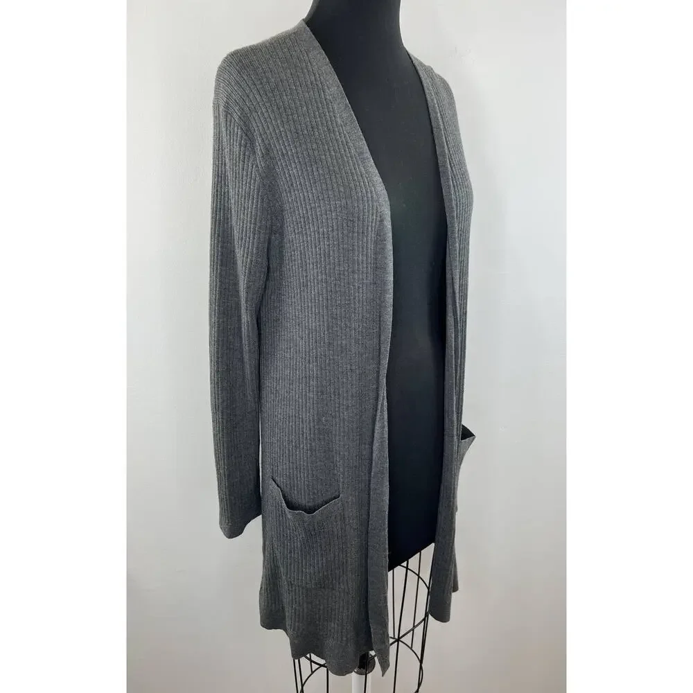 Eileen Fisher Gray Long Sleeve Ribbed Knit Open Front Womens Wool Cardigan Sz M